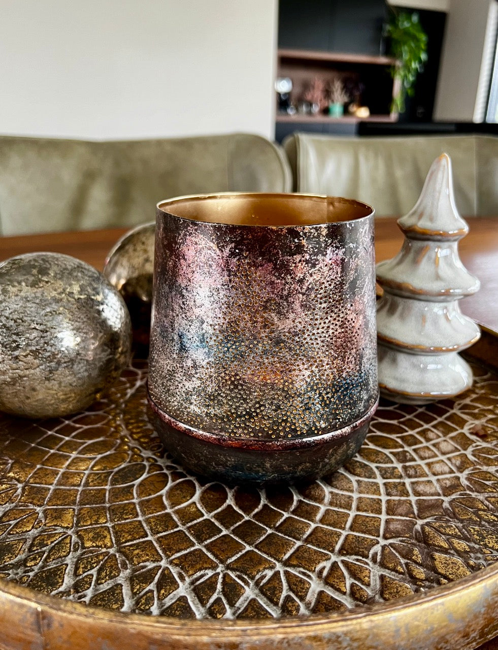 Grote metalen kaarshouder kerstboom- Paars/Metallic