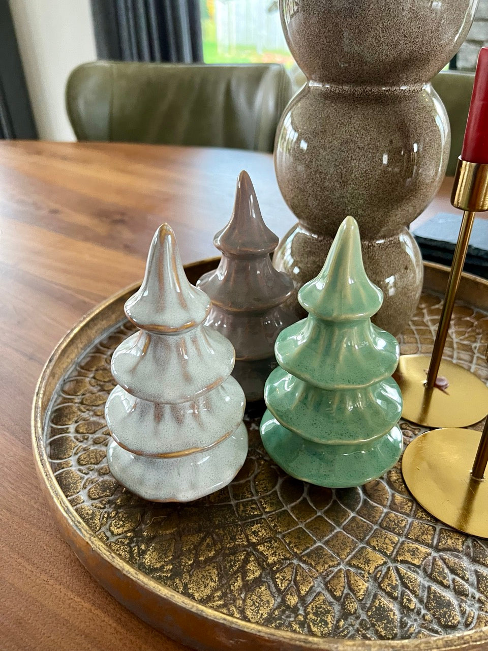 Keramik-Weihnachtsbaum - 14,5 cm hoch - Grün/Weiß/Grau