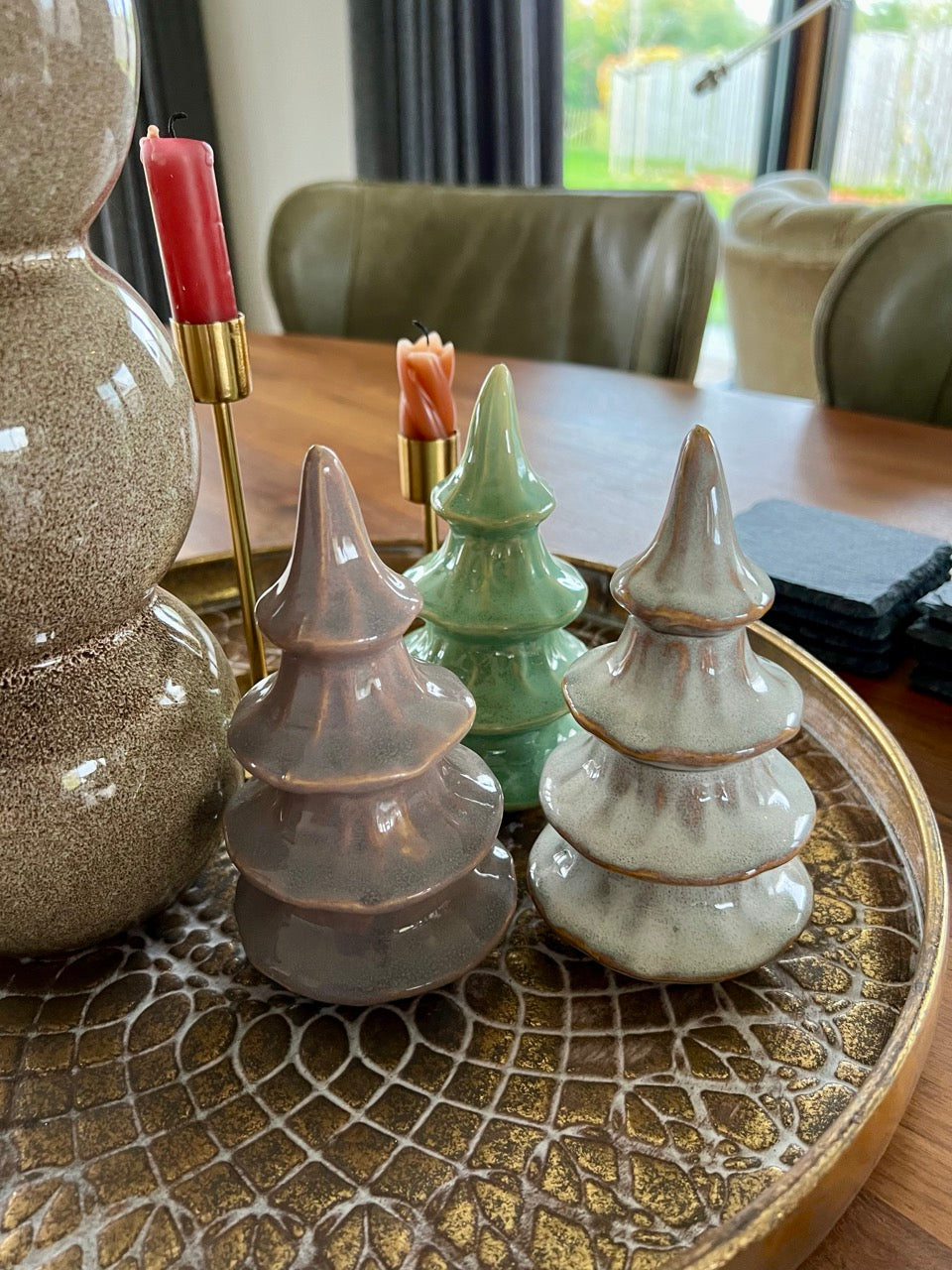 Keramik-Weihnachtsbaum - 14,5 cm hoch - Grün/Weiß/Grau