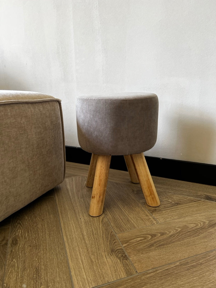 Hocker aus Cord und Holzbeinen - Ø28x40cm - Taupe