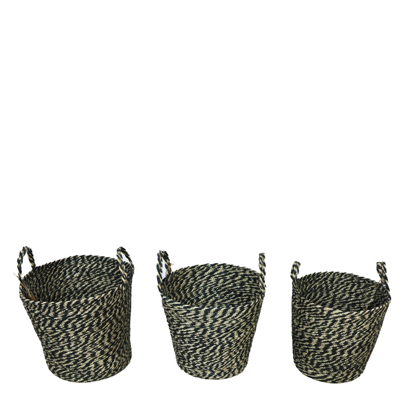 Decoratie mand gras riet - ⌀ 38/33/28 cm - rond met hengsels - zwart crème