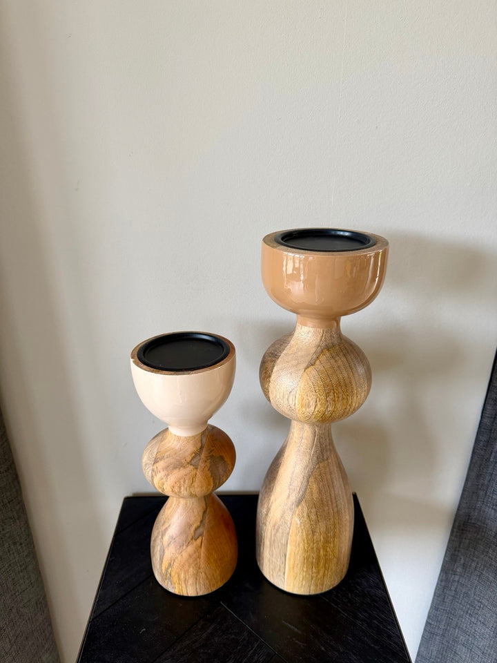 Kandelaar Massief Hout – Beige & Bruin – 2 Maten