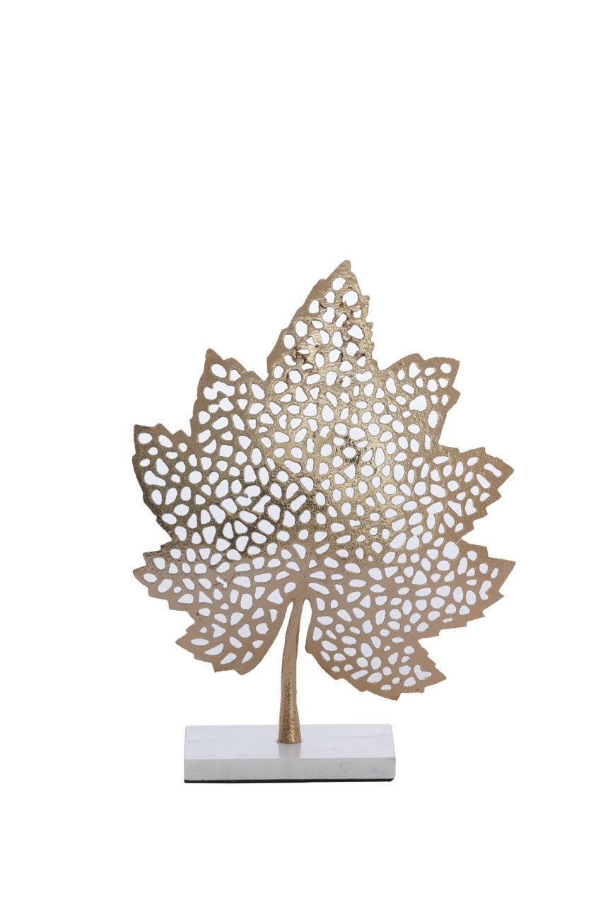 Ornament auf Fuß LEAF klein - 28x8x35 cm - Gold/Marmor weiß