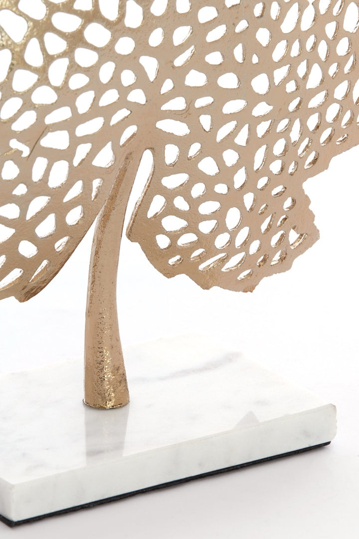 Ornament auf Fuß LEAF klein - 28x8x35 cm - Gold/Marmor weiß