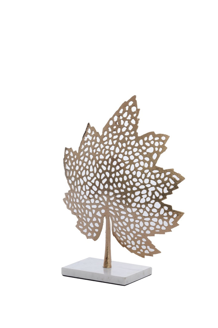 Ornament auf Fuß LEAF klein - 28x8x35 cm - Gold/Marmor weiß
