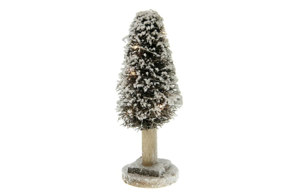 Kerstboom met lampjes en sneeuw - groen op hout - ↑30 cm / ⌀ 10 cm