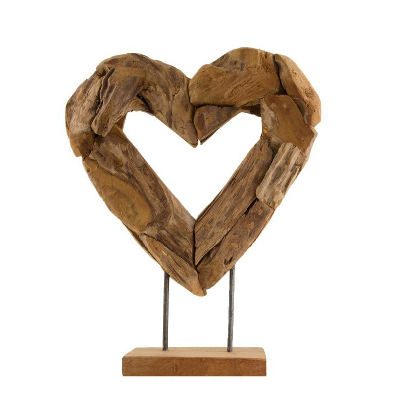 Teak houten Hart op standaard - 48 cm - erosion wood